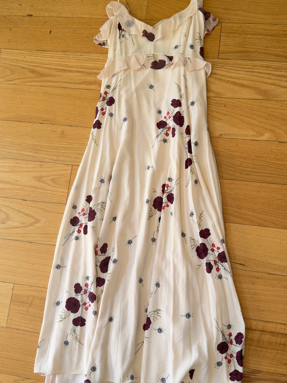 Joie Cassie Ruffled Silk Cream Maxi Dress with Burgundy Floral Print